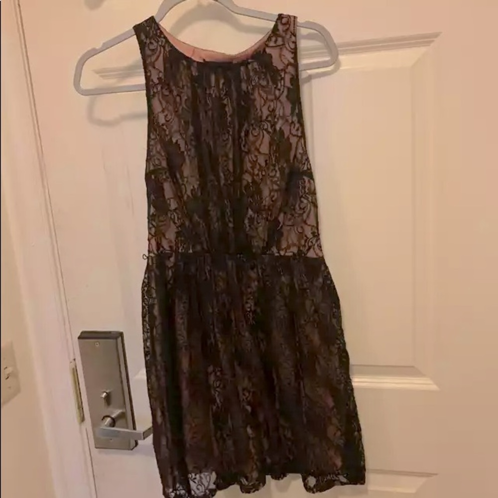 Dusty peach shift dress with black lace overlay